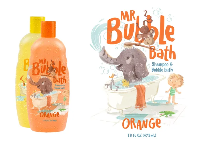 Mr Bubble Bath shampoo and bubble bath orange scent bottles with elephant design