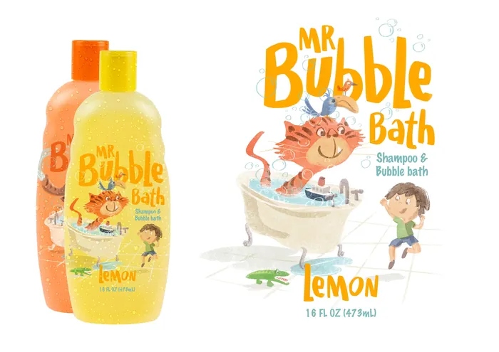 Mr Bubble Bath lemon shampoo and bubble bath bottles with cartoon cat