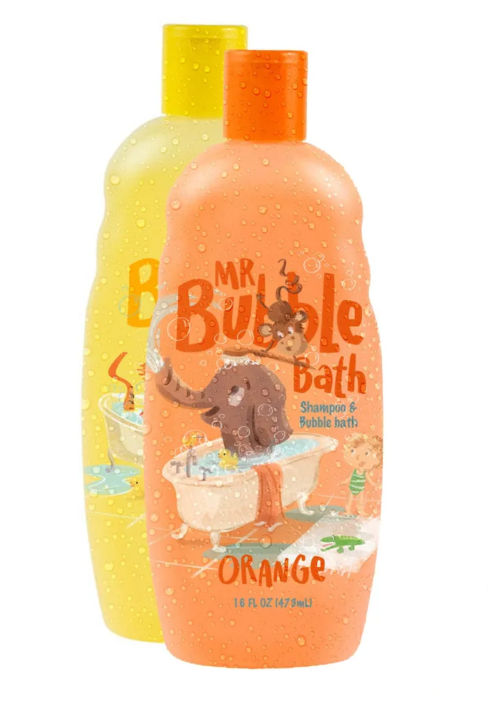 Orange and yellow shampoo bottles with playful animal illustrations