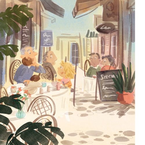 Elderly man drinking and eating at outdoor cafe in warm setting