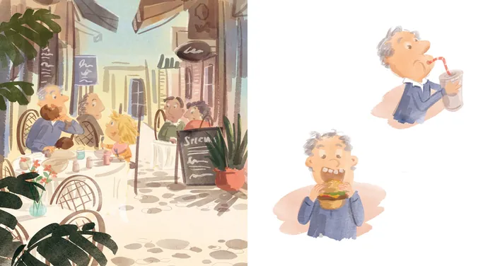 Elderly man drinking and eating at outdoor cafe in warm setting