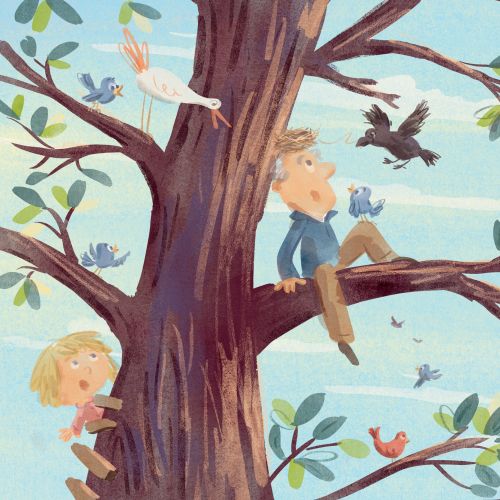 Two children and various birds sitting on the branches of a tree