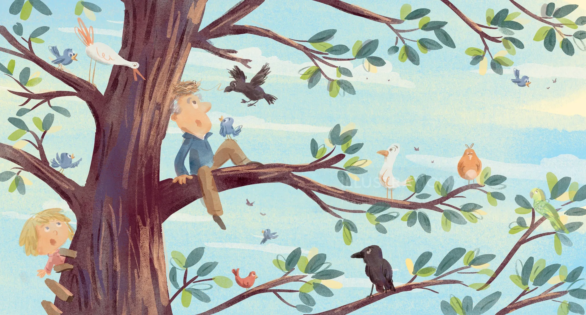 Two children and various birds sitting on the branches of a tree