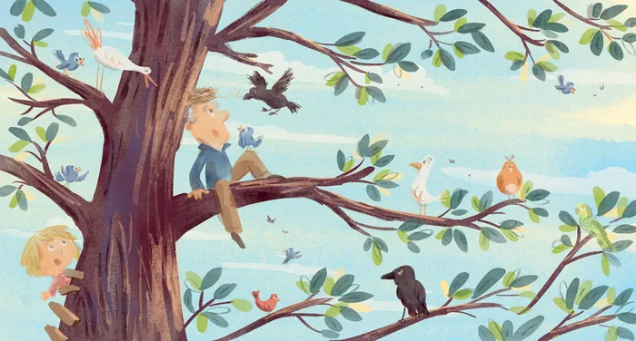 Two children and various birds sitting on the branches of a tree