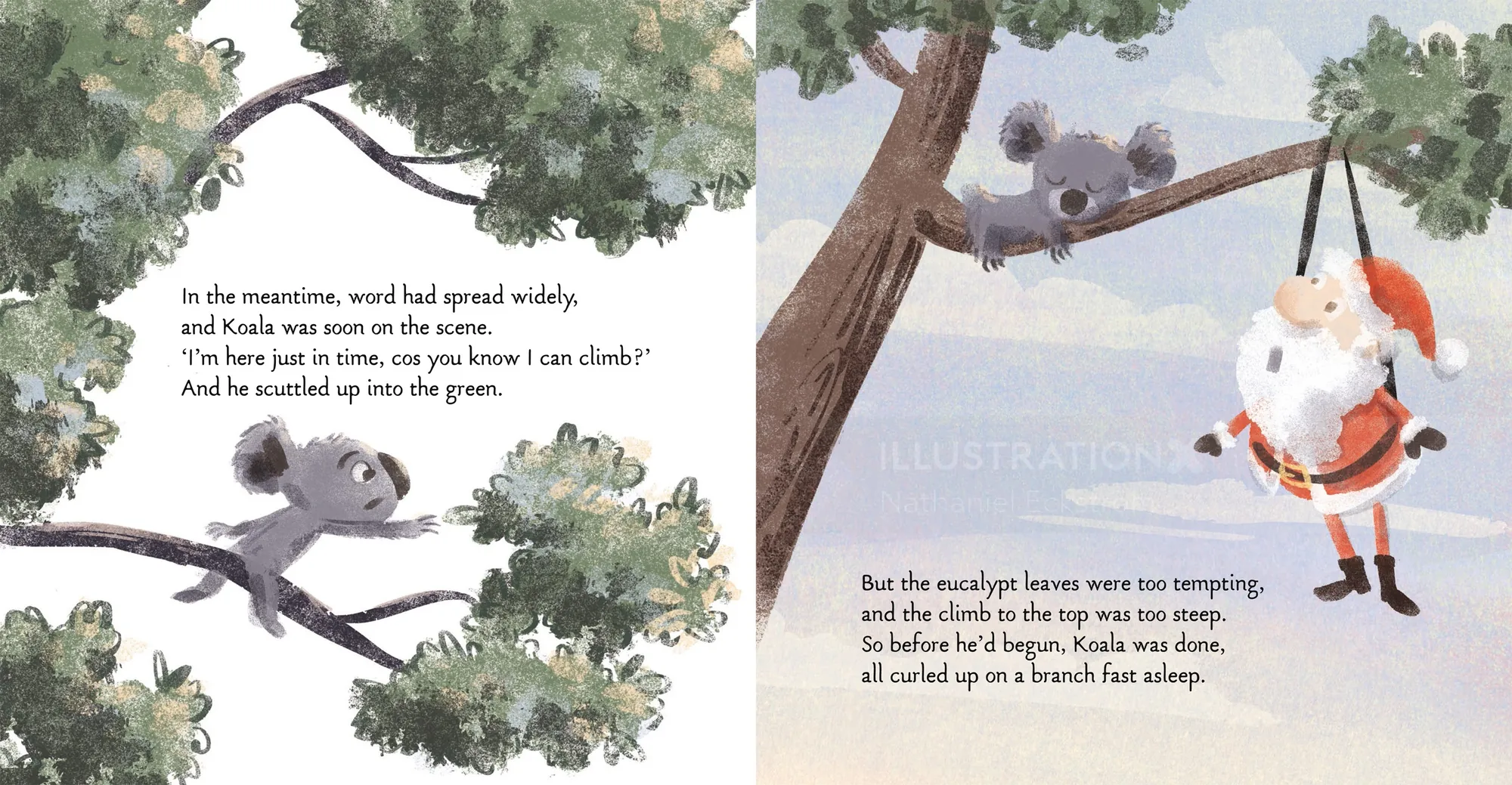 Santa Claus and animals climbing a tree in a colorful storybook scene