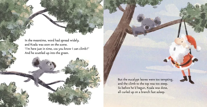 Santa Claus and animals climbing a tree in a colorful storybook scene