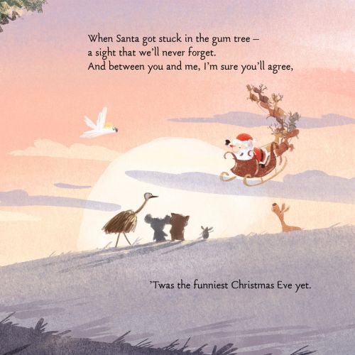 Santa stuck in a tree with animals at sunset on Christmas Eve