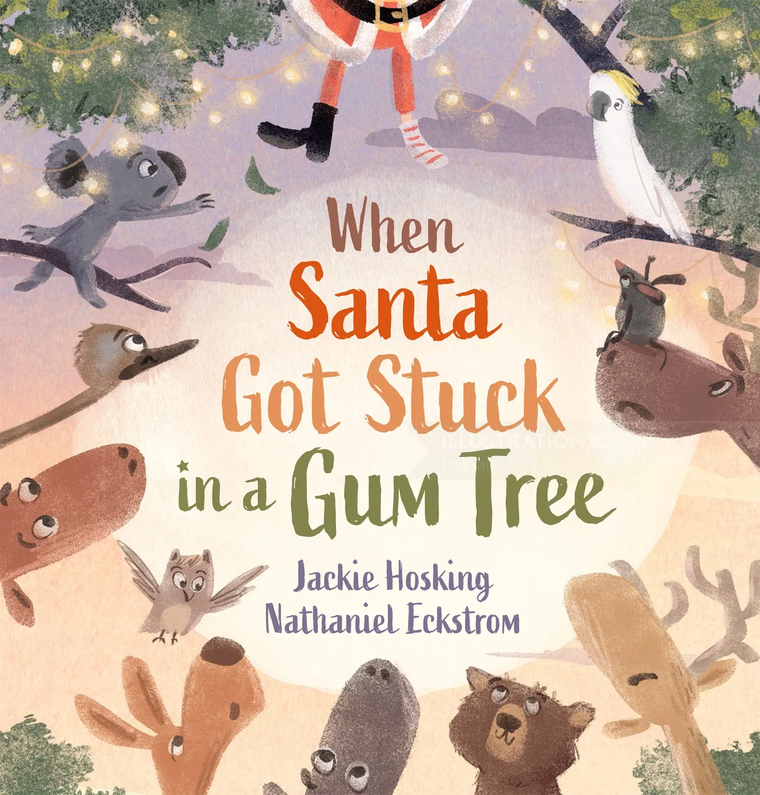 Illustration of Santa stuck in a gum tree surrounded by animals.