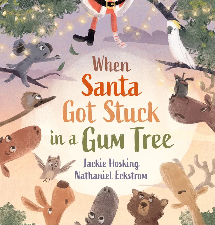 Illustration of Santa stuck in a gum tree surrounded by animals.