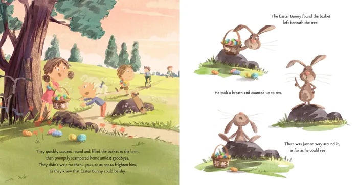 Children playing in park and bunnies gathering food near burrow