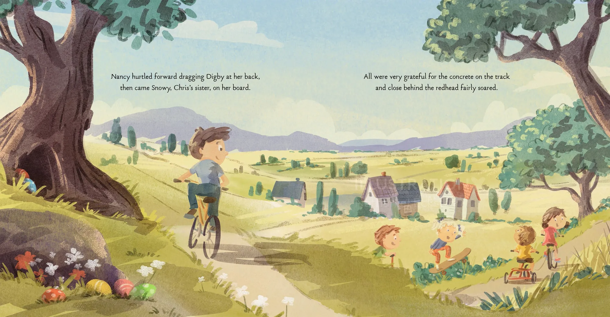 Boy riding bike on countryside path with children playing and village in distance