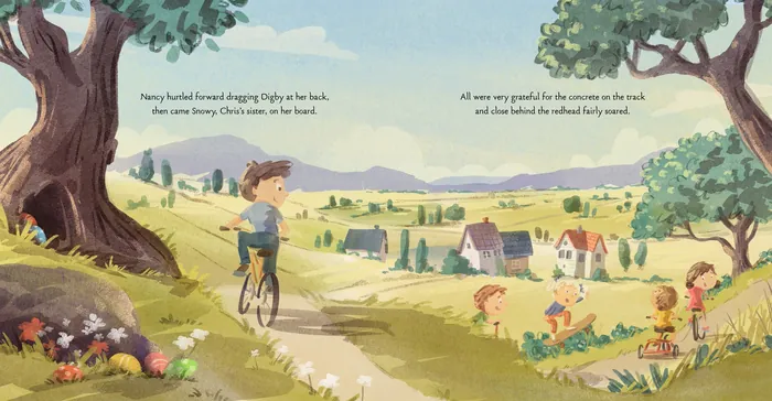Boy riding bike on countryside path with children playing and village in distance