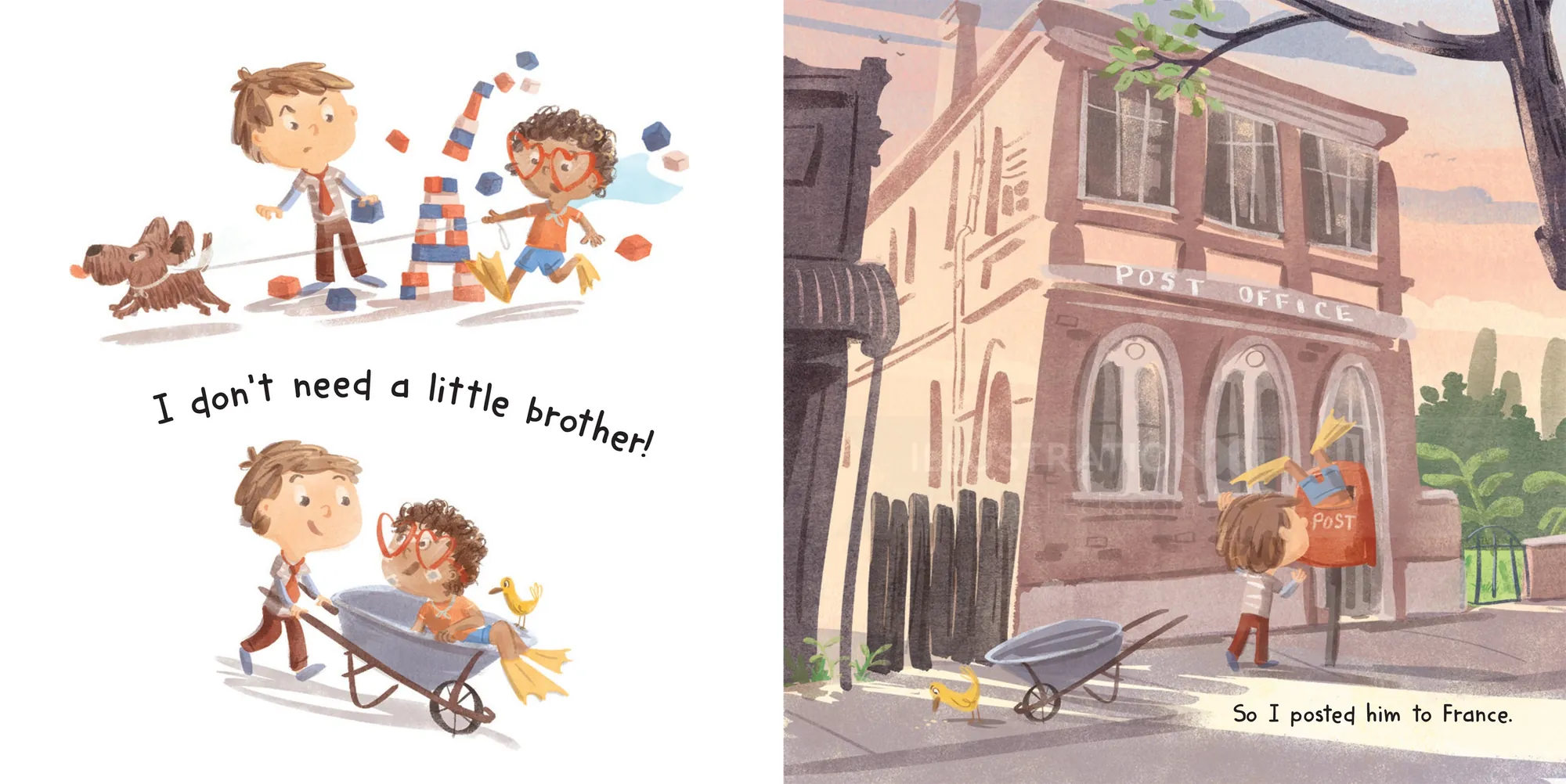 Boy refusing to share his little brother in a wheelbarrow by a house by Nathaniel Eckstrom