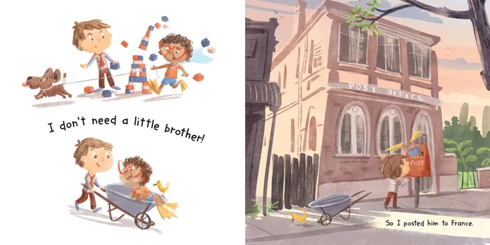 Boy refusing to share his little brother in a wheelbarrow by a house by Nathaniel Eckstrom