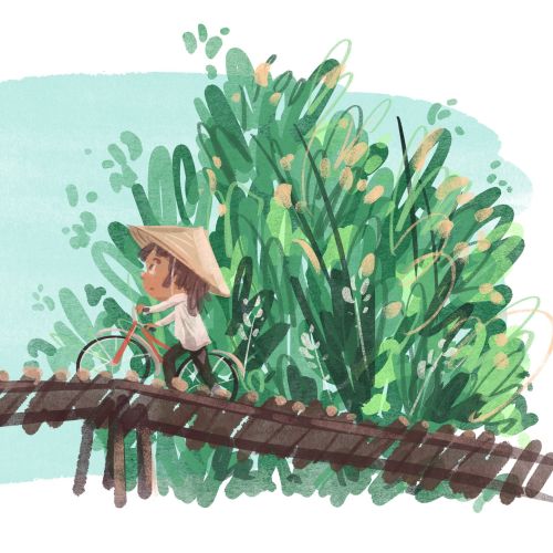 Girl with bike crossing wooden bridge in Vietnam by Nathaniel Eckstrom