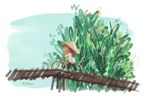 Girl with bike crossing wooden bridge in Vietnam by Nathaniel Eckstrom