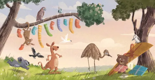 Australian animals celebrating Christmas with ornaments by Nathaniel Eckstrom
