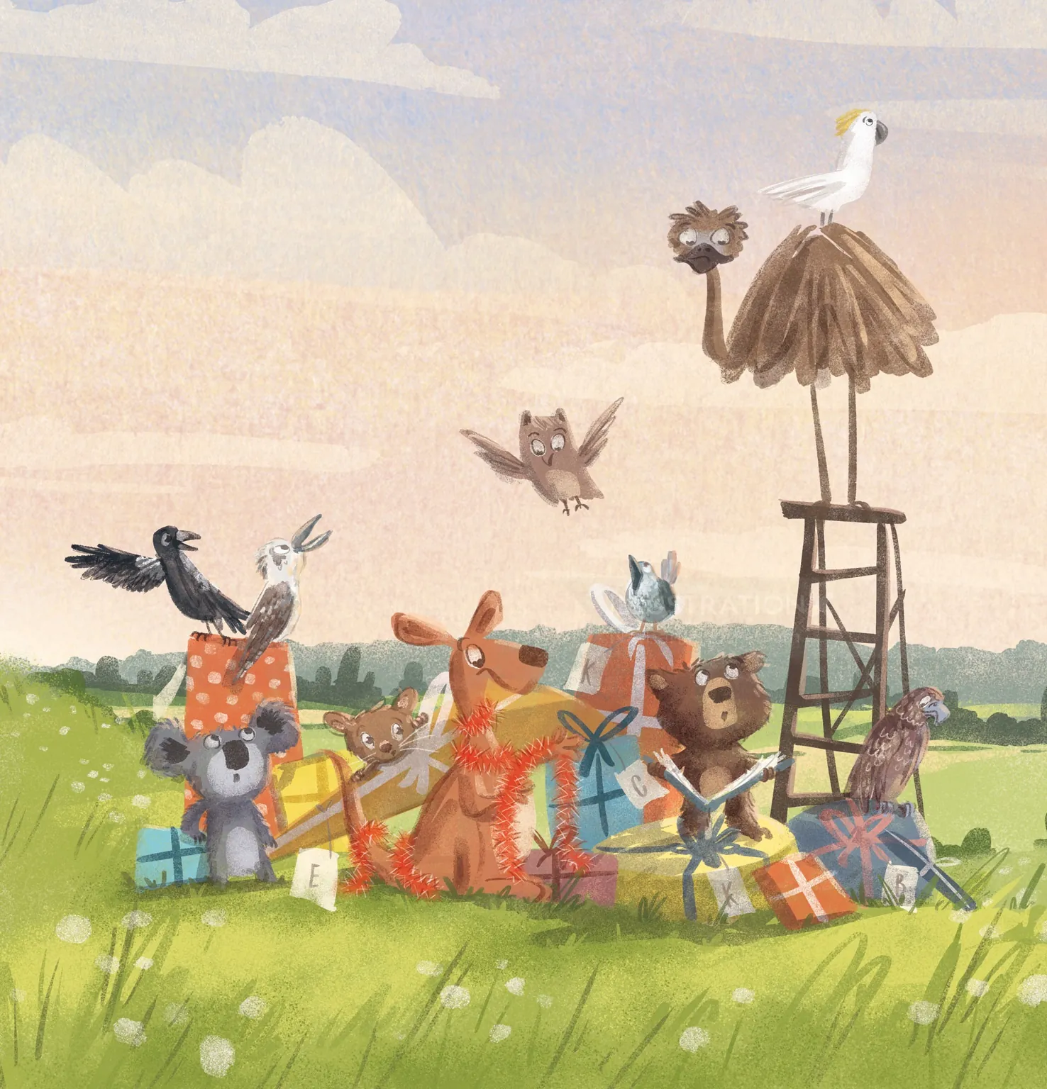Australian animals with mixed Christmas presents by Nathaniel Eckstrom