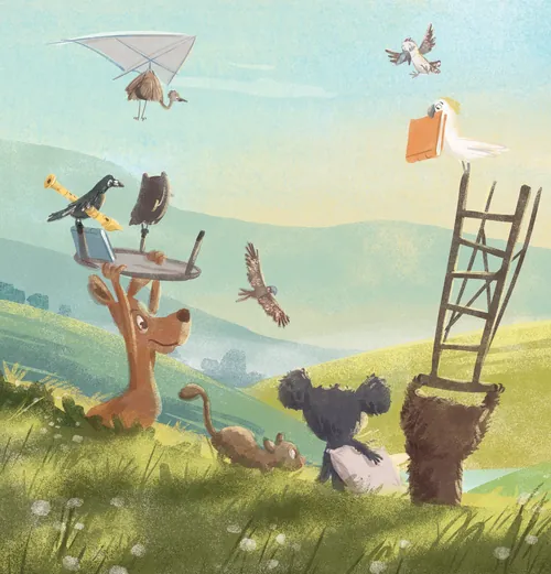 Animals in grassy field watching a bird holding suitcase, by Nathaniel Eckstrom