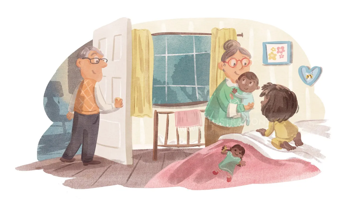 Grandparents reading a bedtime story with their grandchildren, by Nathaniel Eckstrom