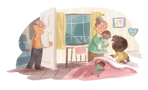 Grandparents reading a bedtime story with their grandchildren, by Nathaniel Eckstrom