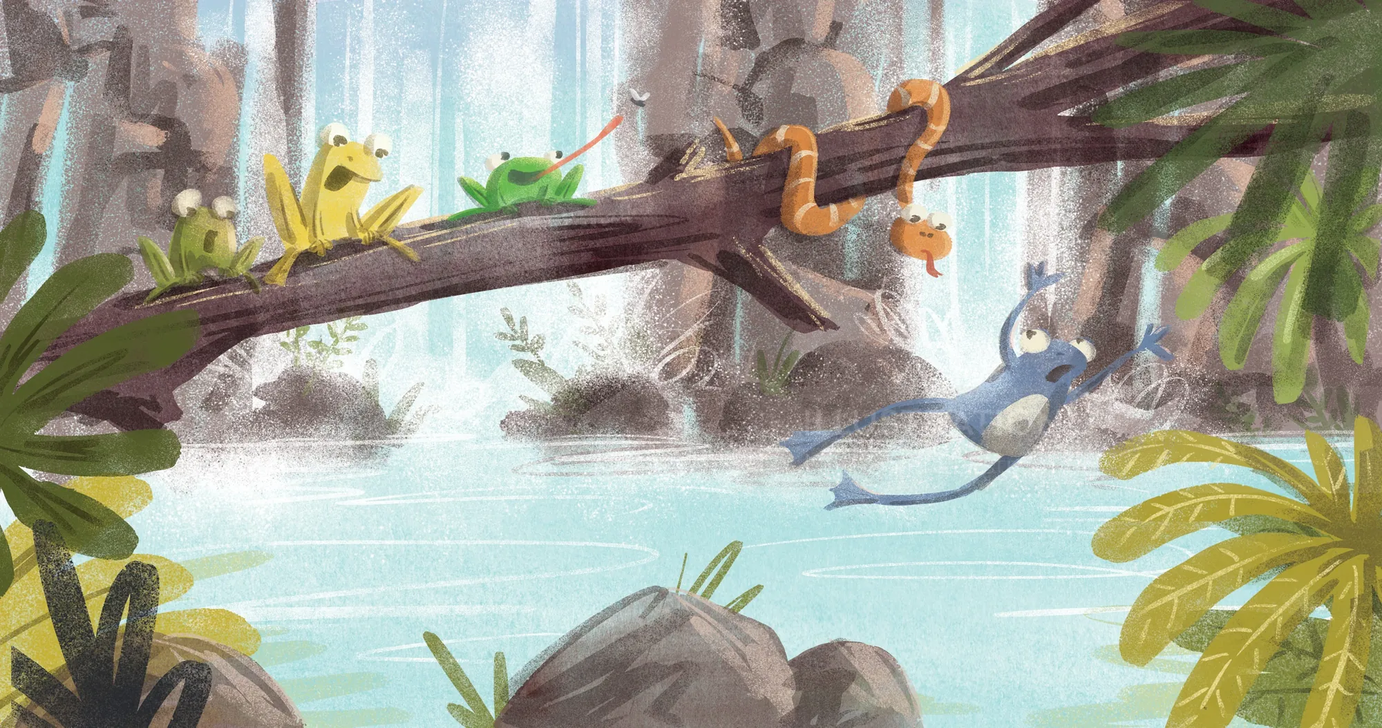 Colorful frogs sitting on a tree branch by a waterfall by Nathaniel Eckstrom