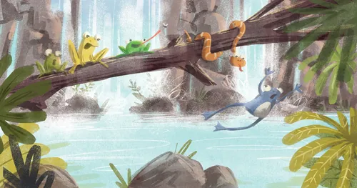 Colorful frogs sitting on a tree branch by a waterfall by Nathaniel Eckstrom