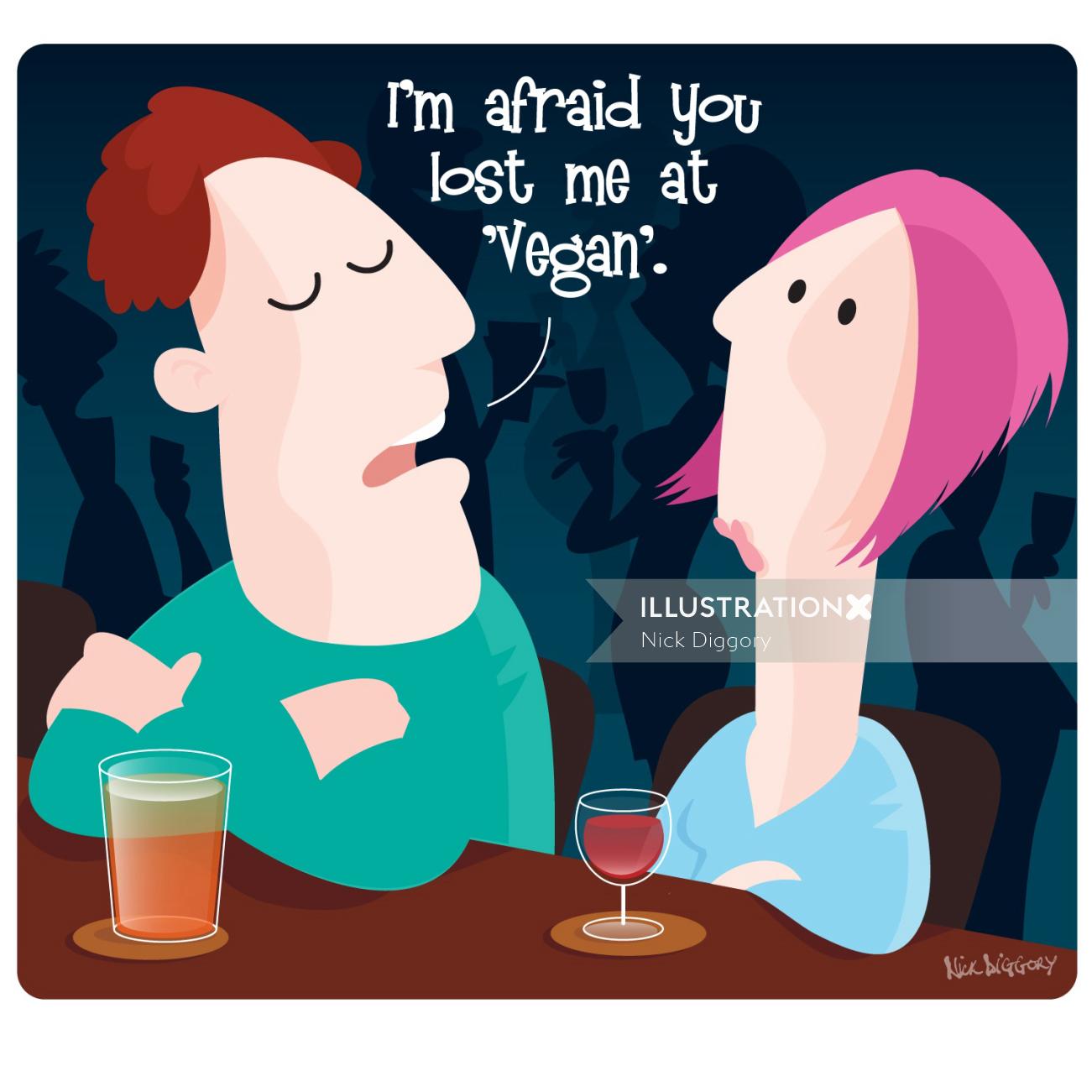 Digital Illustration couple talking with drinks
