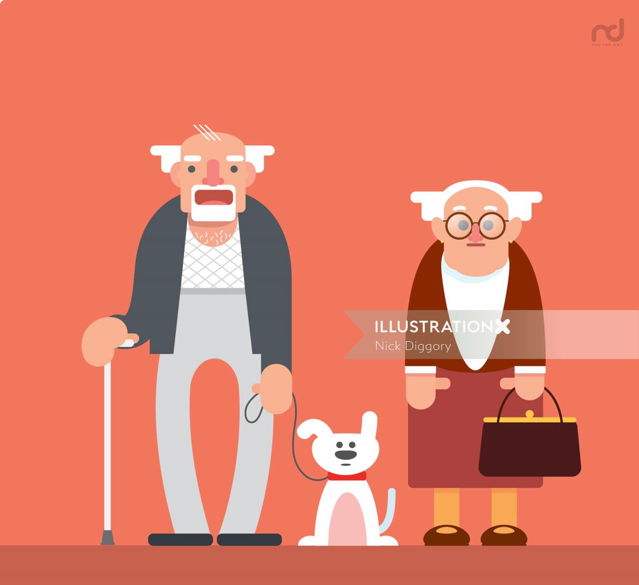 Graphic of old people with dog