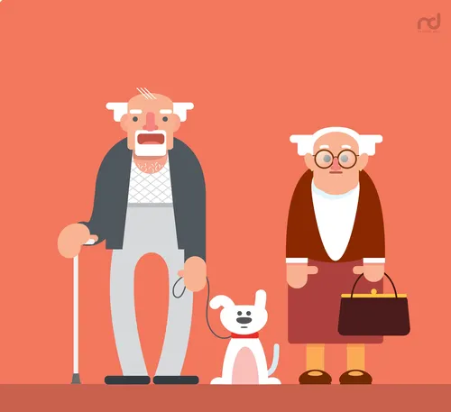 Graphic of old people with dog
