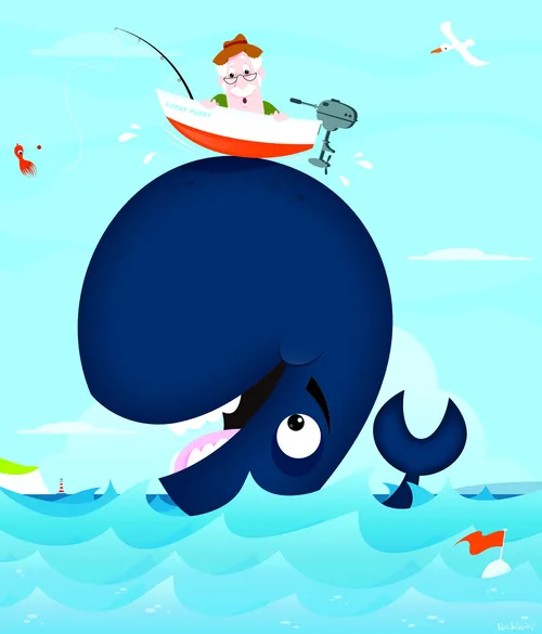 Graphic art of boat on whale head