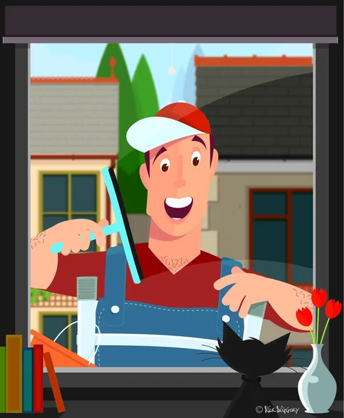 Graphic art of man cleaning windows