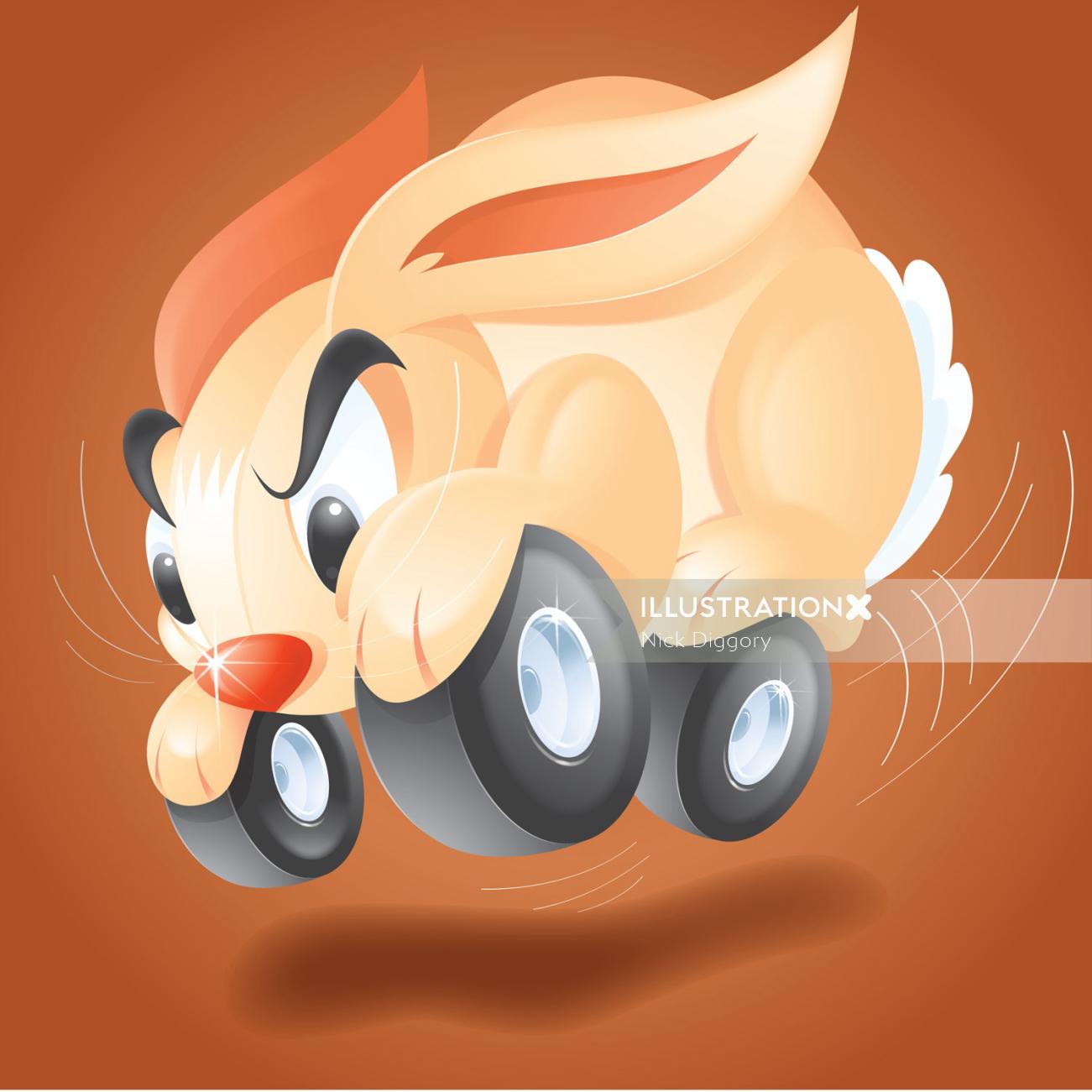 Digital Illustration of bunny with wheels
