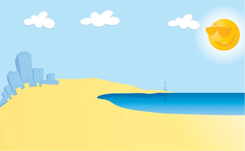 Ilustração digital da praia com edifícios