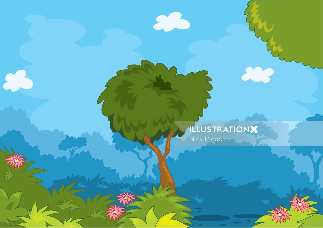 Digital Illustration of tree in forest
