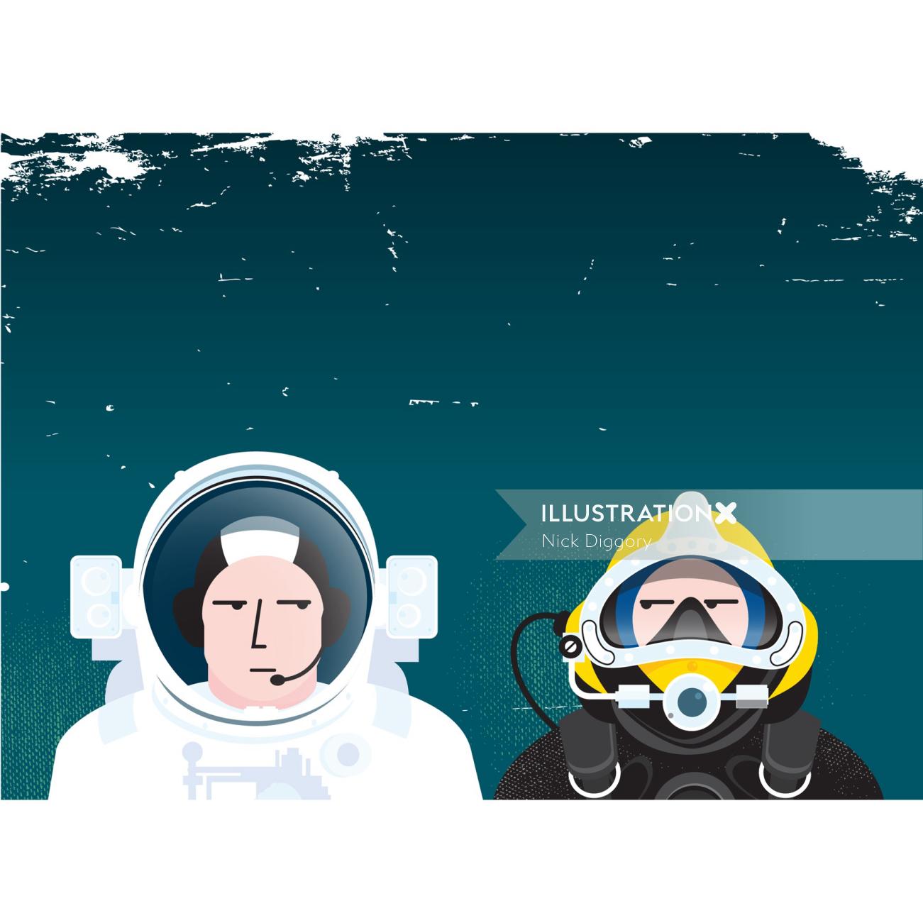 Technical illustration of astronaut and underwater diver

