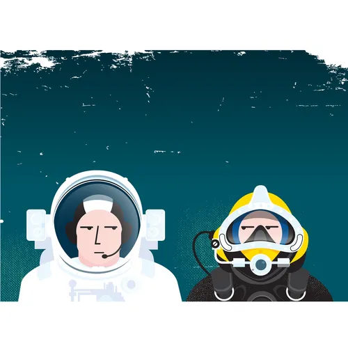Technical illustration of astronaut and underwater diver
