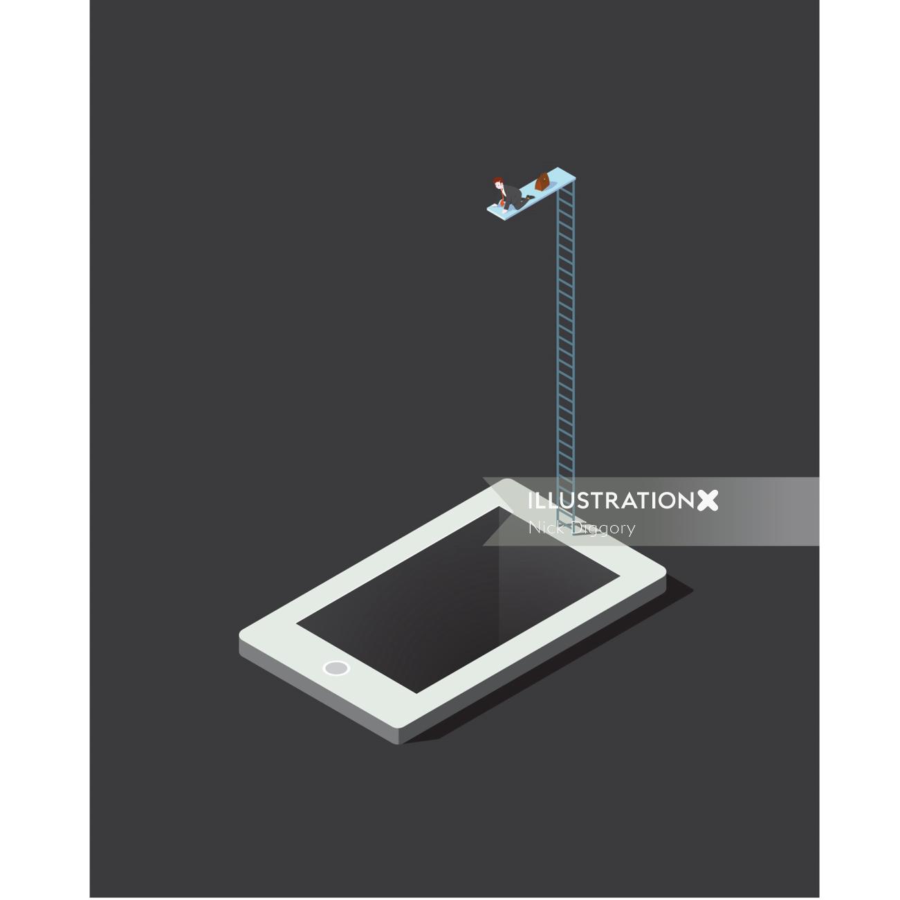 Vector graphic man jumping into iphone
