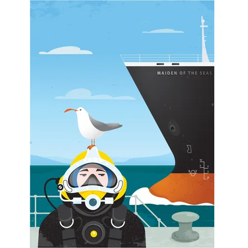 Digital Illustration pigeon on divers head
