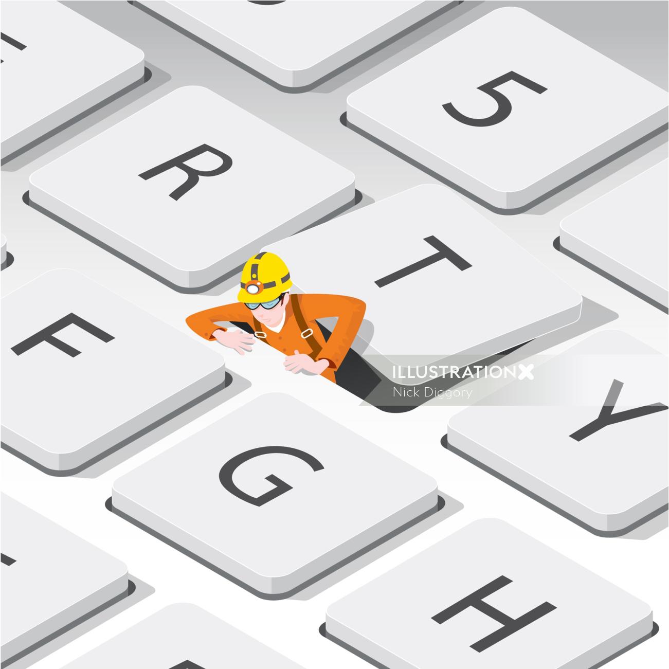 Digital Illustration of man coming out of keyboard

