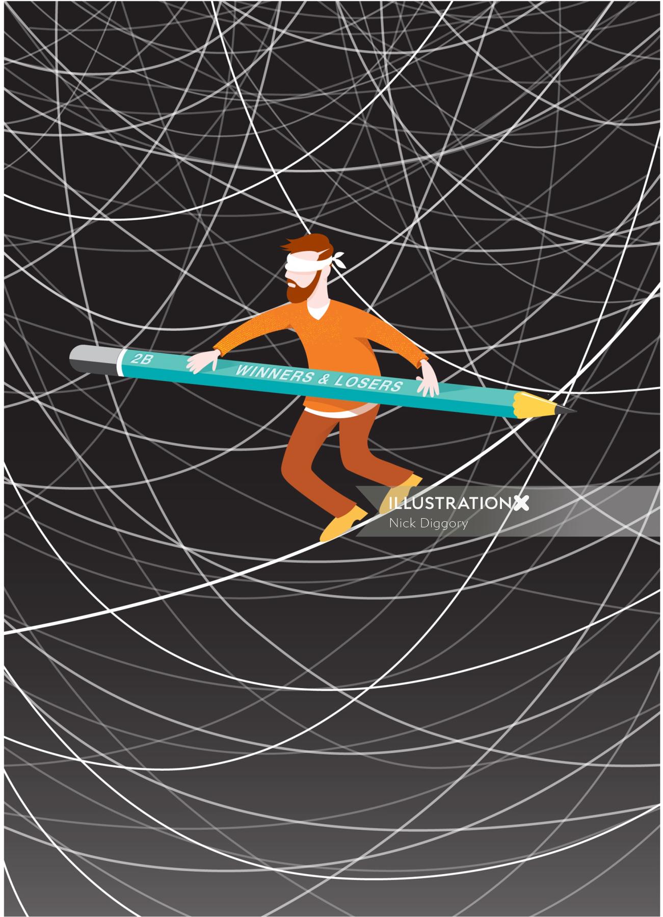 Digital Illustration blindfolded man balancing
