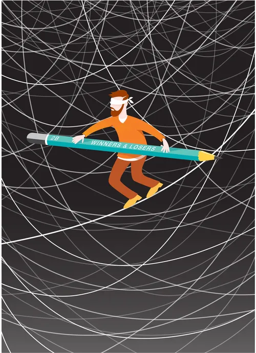 Digital Illustration blindfolded man balancing
