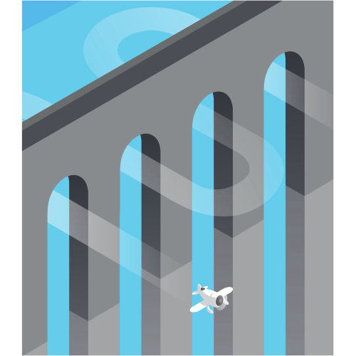 Digital Illustration of aeroplane travelling through bridge
