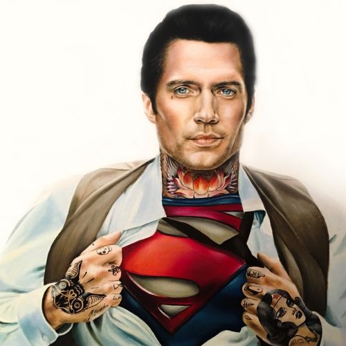 Portrait of Henry Cavill's Superman heavily tattooed.