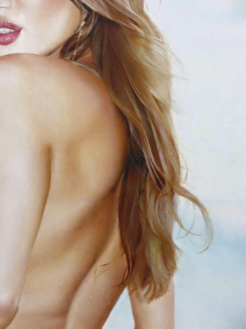 Photorealistic oil painting of woman's bare back