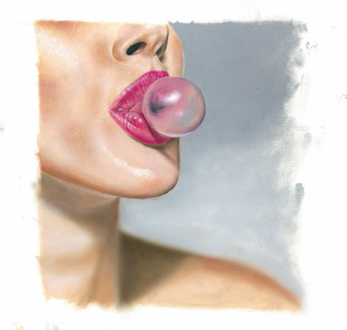 Portrait painting focused on lips & bubblegum
