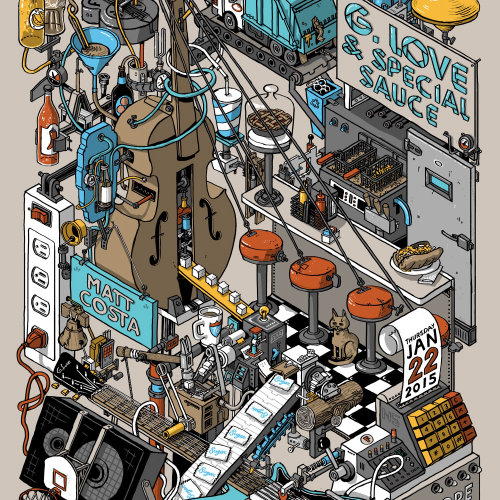 Complex isometric machine drawing for G. Love and special Sauce poster
