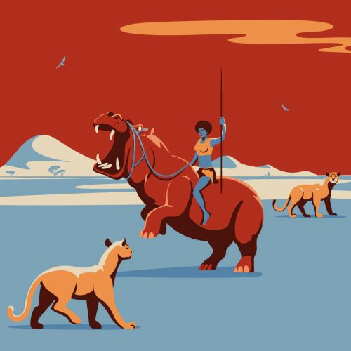 Graphic design of girl hunting the animals 