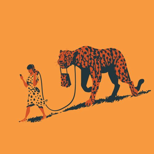Graphic design of girl walking with cheetah