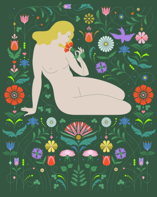 花を持った裸のセクシーな若い女性